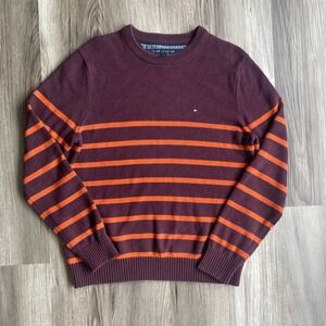 TOMMY HILFIGER Jumper Sweater Mens M Crew‎ Neck Striped Cotton Orange Maroon